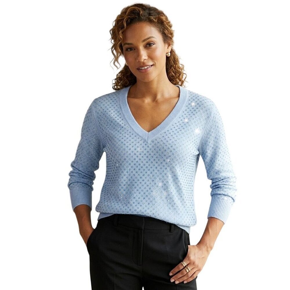 INC International Concepts Blue V-Neck Sweater Rhinestone Accents 2025 Size L